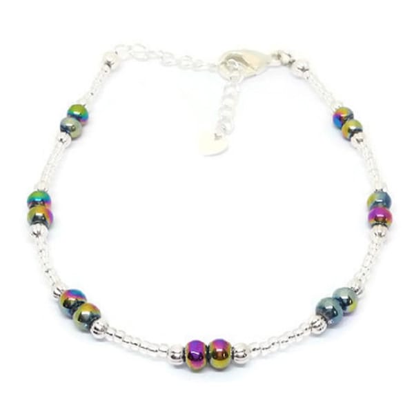 Bright color-changing beaded adjustable ankle bracelet with heart charm. Made with Hemalyke beads