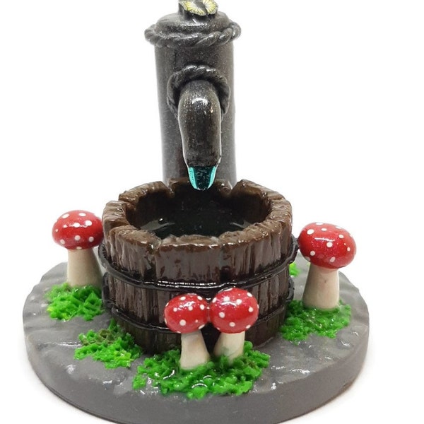 Fairy Garden Old-time Water Well with Whiskey Barrel and Tiny Red Mushrooms. Fairy Garden Accessories