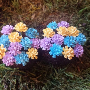 Fairy garden miniature flower beds. Set of 2 with purple, blue, and yellow flowers. Terrarium decor, dollhouse accessory, etc.