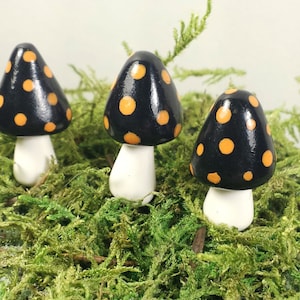 Miniature fairy garden mushrooms. Black and orange. Fairy garden accessories, terrarium decor.Set of 3.