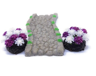 Fairy garden miniature granite path with 2 flower beds. Choose flower color.
