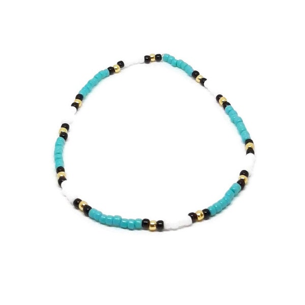 Boho Chic Turquoise, Black, Gold, and White Stretch Ankle Bracelet - Summer Casual Stacking Ankle. 8/0 Seed Bead Anklet