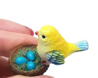Fairy garden miniature bird nest with 3 eggs and yellow bird. Fairy garden accessories.