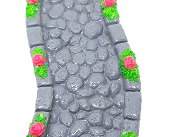 Fairy Garden Miniature Path with Pink Roses, Polymer Clay Moss