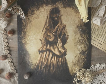 May include: A vintage-style print of a woman in a white gown, with a veil covering her face. The image is in shades of brown and white, with a distressed, aged look.