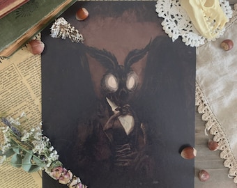 May include: A dark, illustrated print of a moth with large, white eyes and a human-like face. The moth is wearing a suit and tie and has a serious expression. The print is set against a dark background and has a vintage, gothic aesthetic.