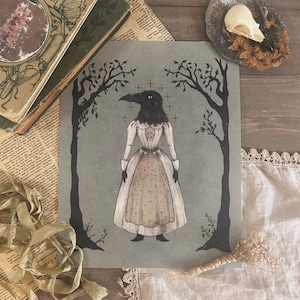 Crow Woman Folk Portrait Cottagecore Print