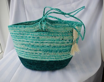 Rope Baskets - Teal rope tote  - Market Bag  - rope bowl - Batik Baskets - Knitting Basket