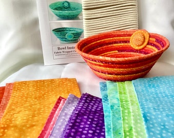 Rope bowl kit - Polka Dots - Batik fabrics - Sewing Craft Kit - Craft kit for Adults - Rope baskets - Batik Baskets