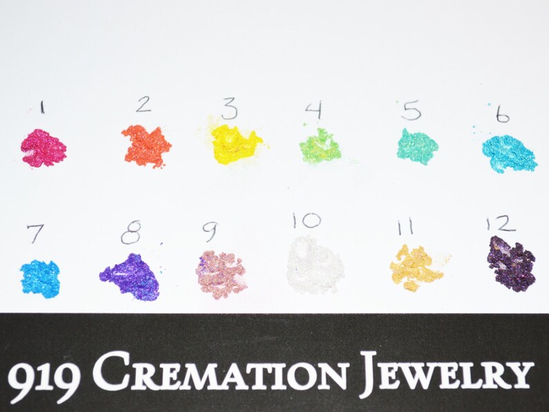Puede incluir: Doce peque&ntilde;as muestras de purpurina de colores, numeradas del 1 al 12, se muestran en una superficie blanca. Los colores de la purpurina incluyen rosa, naranja, amarillo, verde, turquesa, azul, morado, marr&oacute;n, blanco, dorado y negro.