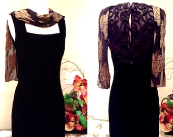 ¡ENVÍO GRATIS en EE. UU.! Vestido largo/vestido de noche de terciopelo negro de los años 80; Tamaño 8/Mediano; el viejo glamour de Hollywood; Sin mangas con espalda semitransparente