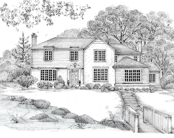 Custom House Portrait/ Pen and Ink House Drawing/ Realtor gift/ Pen and Ink House Sketch/ House Illustration/ Black and white drawing