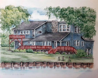 Custom House Drawing / House Portrait / Lake House Drawing / Custom House Illustration / House Sketch / House Painting