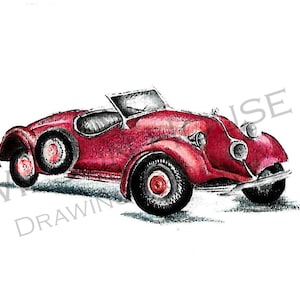 Red Classic Car Drawing, Car Illustration, Classic Car Illustration print , Car Sketch