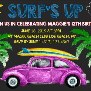 Surfereinladung / Surfs Up Party Einladung / Sommer Strand Geburtstagseinladung / VW Käfer Einladung / Beach Party Einladung