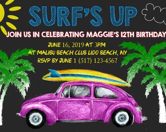 Surfing Invitation/ Surfs Up Party Invitation/ Summer Beach Bday Invitation/ Beach Party Invitatoon/ VW Beetle Invitation