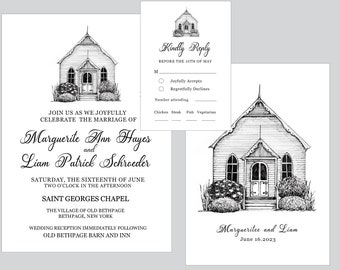 Wedding Venue Illustration, Wedding invitation with venue drawing, Custom wedding invitation with rsvp, house portrait, church drawing