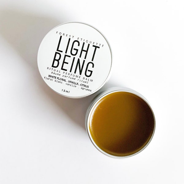 LIGHT BEING solid perfume balm.  Natural perfume.  Natural solid perfume.  All natural fragrance.  Tuberose and vanilla.