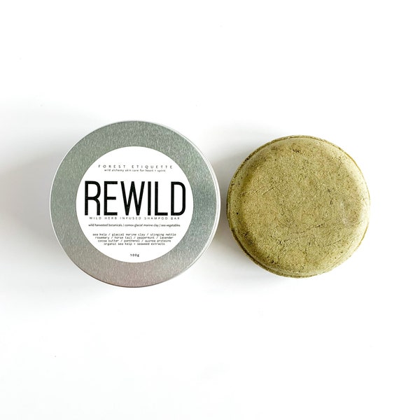 REWILD organic and wild crafted shampoo and conditioner bars.  Horsetail and nettle.  Raw organic cacao butter.