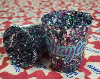 Silver Teal Purple Glitter Shot Glass