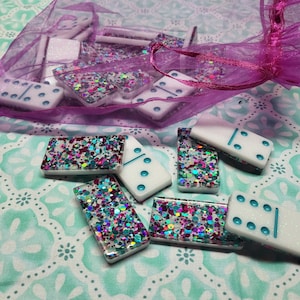 Pink And Blue Dominoes Set, Pink And Teal Dominoes, Glitter Dominos, Dominoes Gift Set, Double Six Dominos, Double Six Dominoes