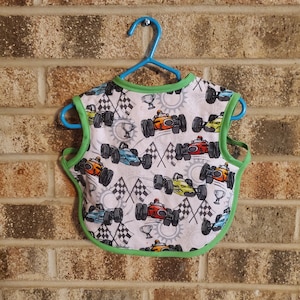 Ready to Ship Racecar Bib Apron, Toddler Bib, Crafting Bib Apron, Stay Put Bib, Shirt Saver