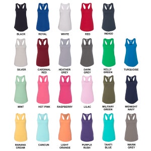 May include: A collection of women's racerback tank tops in various colors, including black, royal blue, white, red, and indigo. Other colors include silver, cardinal red, heather grey, dark grey, kelly green, turquoise, mint, hot pink, raspberry, lilac, military green, midnight navy, banana cream, cancun, light orange, purple rush, tahiti blue, and warm grey.
