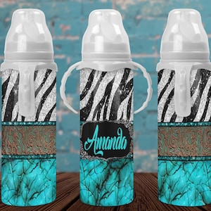 Zebra And Turquoise Monogram Baby Bottle, Country Monogram Baby Bottle, Western Baby Bottle, Rustic Baby Bottle, Stainless Steel Baby Bottle