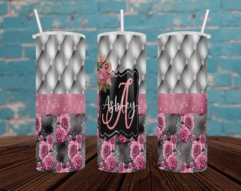 Pink Black And Silver Floral Monogram Stainless Steel Skinny Tumbler