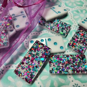 Pink And Blue Dominoes Set, Pink And Teal Dominoes, Glitter Dominos, Dominoes Gift Set, Double Six Dominos, Double Six Dominoes image 3