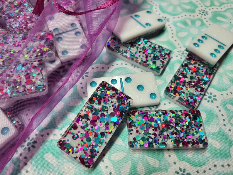 Pink And Blue Dominoes Set, Pink And Teal Dominoes, Glitter Dominos, Dominoes Gift Set, Double Six Dominos, Double Six Dominoes image 3