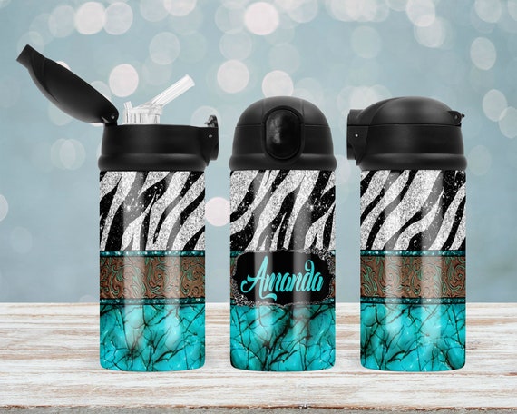 Turquoise Zebra Monogram Water Bottle With Straw, Kids Water Bottle, Toddler  Tumbler, Zebra Print Tumbler, Stainless Steel Water Bottle 