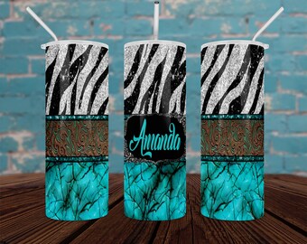 Turquoise and Zebra Print Monogram Stainless Steel Skinny Tumbler