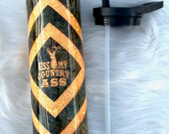 Camouflage And Glitter Stainless Steel Skinny Tumbler, Country Tumbler, Western Travel Mug, Rustic Tumbler, Kiss My Country Ass Tumbler