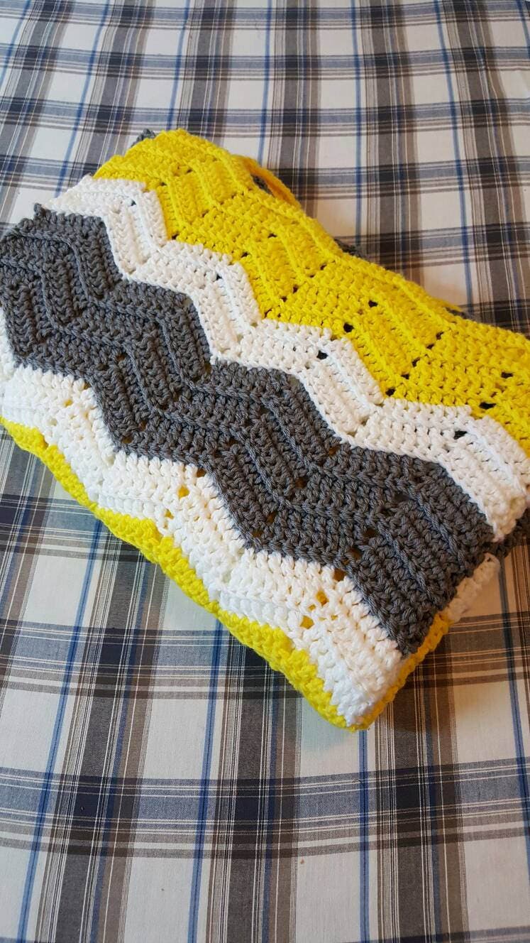Ready to ship Yellow gray and white crochet baby blanket crochet