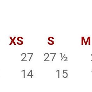 May include: Measurements chart showing body length and width in inches for XS, S, M, L, XL, and 2XL sizes. Body length ranges from 27 to 29 1/2 inches. Body width ranges from 14 to 19 inches.