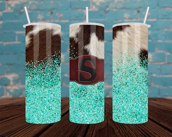 Cowhide And Teal Glitter Monogram Stainless Steel Skinny Tumbler