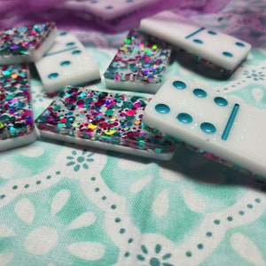 Pink And Blue Dominoes Set, Pink And Teal Dominoes, Glitter Dominos, Dominoes Gift Set, Double Six Dominos, Double Six Dominoes image 2