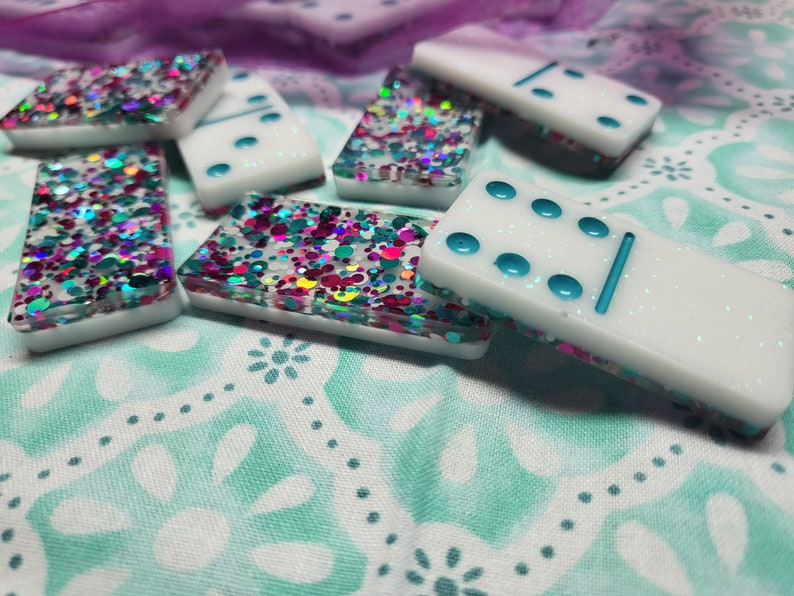 Pink And Blue Dominoes Set, Pink And Teal Dominoes, Glitter Dominos, Dominoes Gift Set, Double Six Dominos, Double Six Dominoes image 2