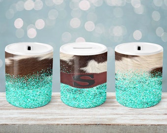 Monogram Cowhide And Teal Coin Bank