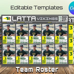 May include: Editable team roster template for the Latta Vikings. The template features a black and gray background with a yellow and white team roster card. The card includes a player's name, number, and photo. The template also includes the team name, head coach, and email address.