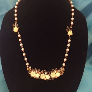 Antique Floral and Pearls, Necklace, Jewelry, Gold, White, Pale Pink