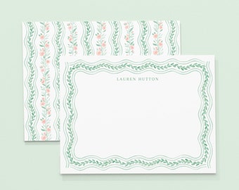 Personalized Notecards | Leafy Vine Border | Garden Rose Collection | A2 4.25 x 5.5 | Euro Triangle Flap Envelopes | Luxury Stationery