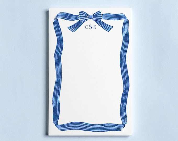 Personalized Notepad | Watercolor Striped Ribbon Bow | Decorative Border | Sapphire Blue | 5.5 x 8.5 | 50 Pages