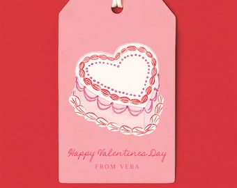 Set of 16 Personalized Valentine's Day Gift Tags | Heart Cake | Illustrated Hang Tags with String