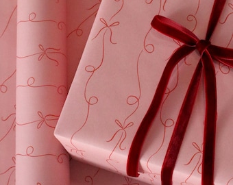Wrapping Paper Sheets | Bow Ribbon Stripe in Pink & Red | Set of 5 Sheets | 20" x 29" Gift Wrap