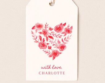 Set of 16 Personalized Valentine's Day Gift Tags | Rose Heart | Illustrated Hang Tags with String