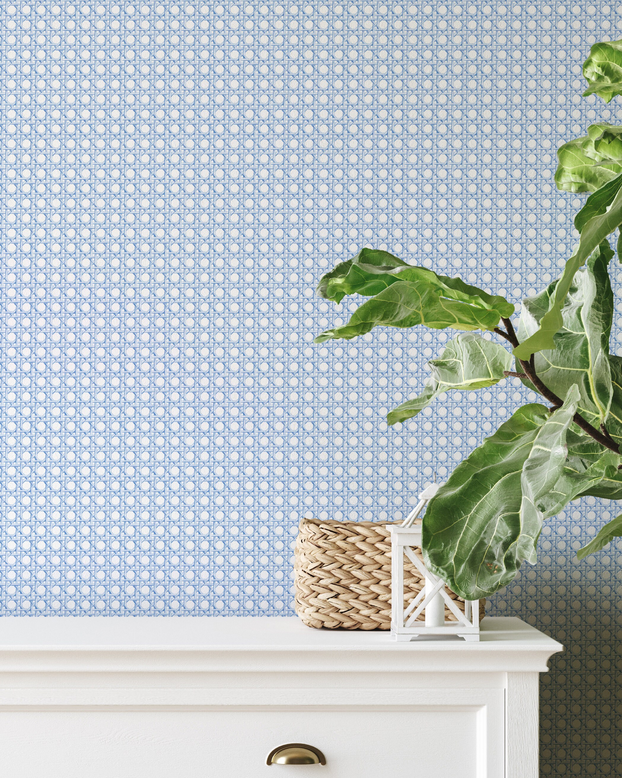 Traditional Unpasted Wallpaper Rattan Cane Print in Azure Blue 20.5