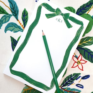 Personalized Notepad | Watercolor Striped Ribbon Bow in Green | Decorative Border | 5.5 x 8.5 | 50 Pages