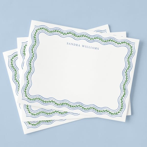 Personalized Notecards | Ivy Vine Watercolor | Curvy Decorative Border | A2 4.25 x 5.5 | Euro Triangle Flap Envelopes | Luxury Stationery